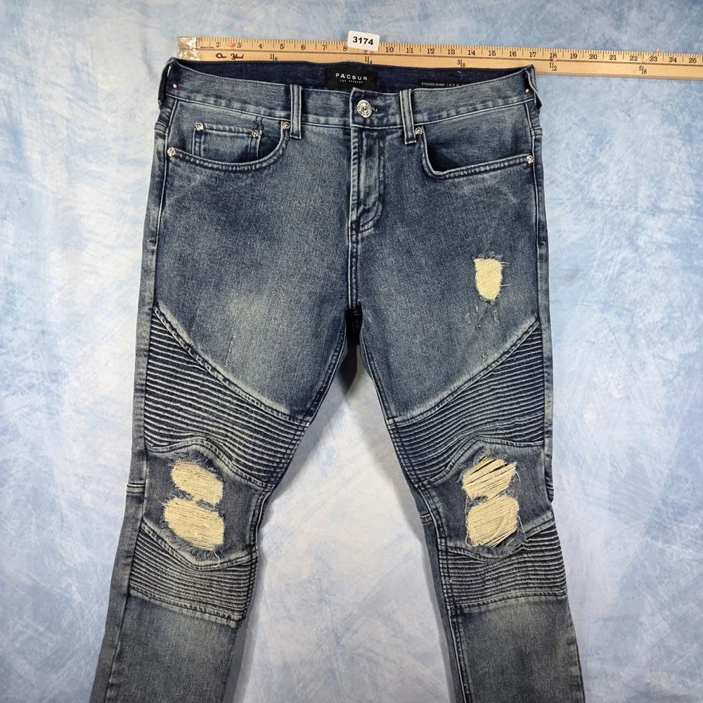 PacSun Mens Stacked Skinny Biker Moto Jeans Blue Distressed Ankle Zip 31x32